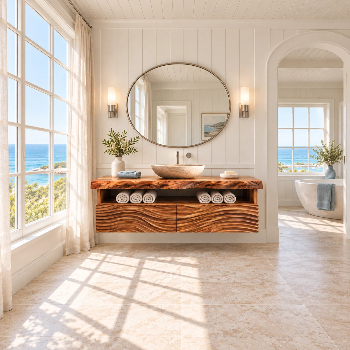 Floating Solid Wood Bathroom Vanity with Wave-Carved Twin Doors and Towel Shelf - Woodenecho - 3