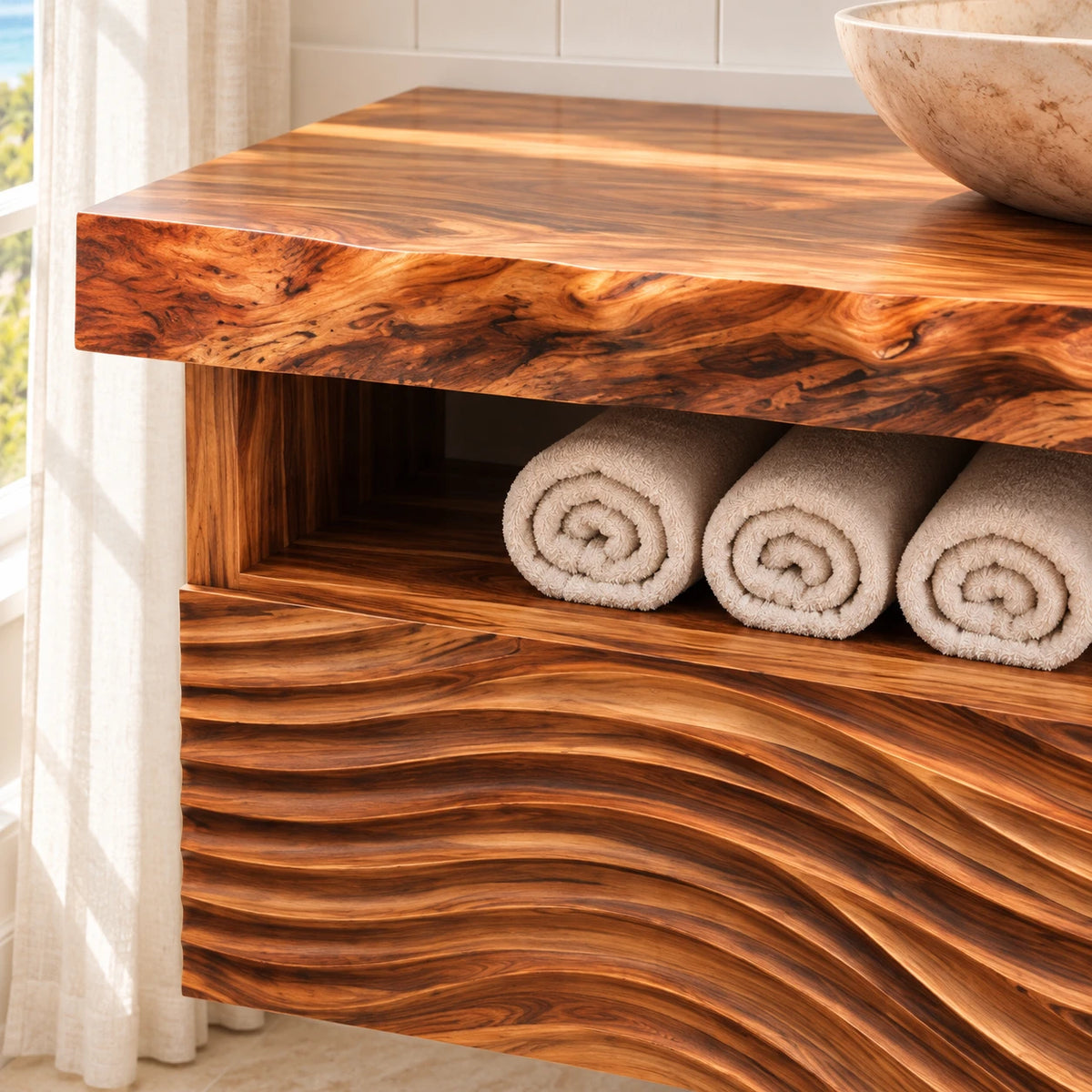 Floating Solid Wood Bathroom Vanity with Wave-Carved Twin Doors and Towel Shelf - Woodenecho - 4
