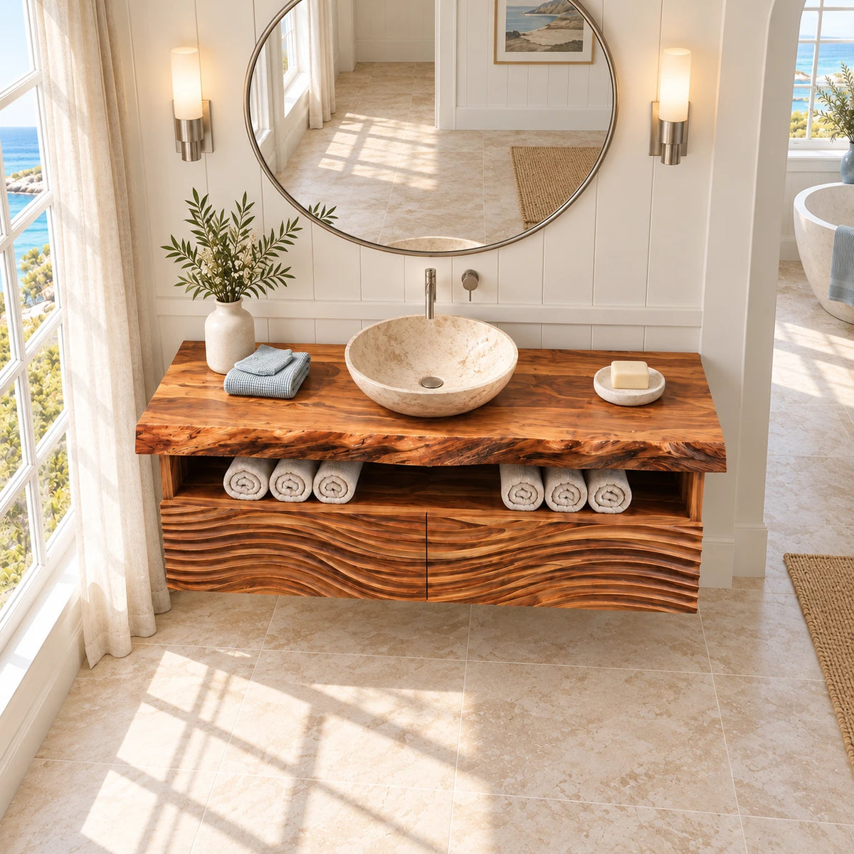 Floating Solid Wood Bathroom Vanity with Wave-Carved Twin Doors and Towel Shelf - Woodenecho - 5
