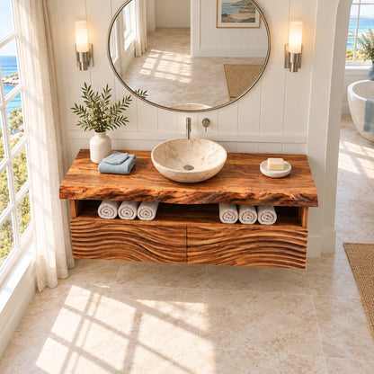 Floating Solid Wood Bathroom Vanity with Wave-Carved Twin Doors and Towel Shelf - Woodenecho - 5