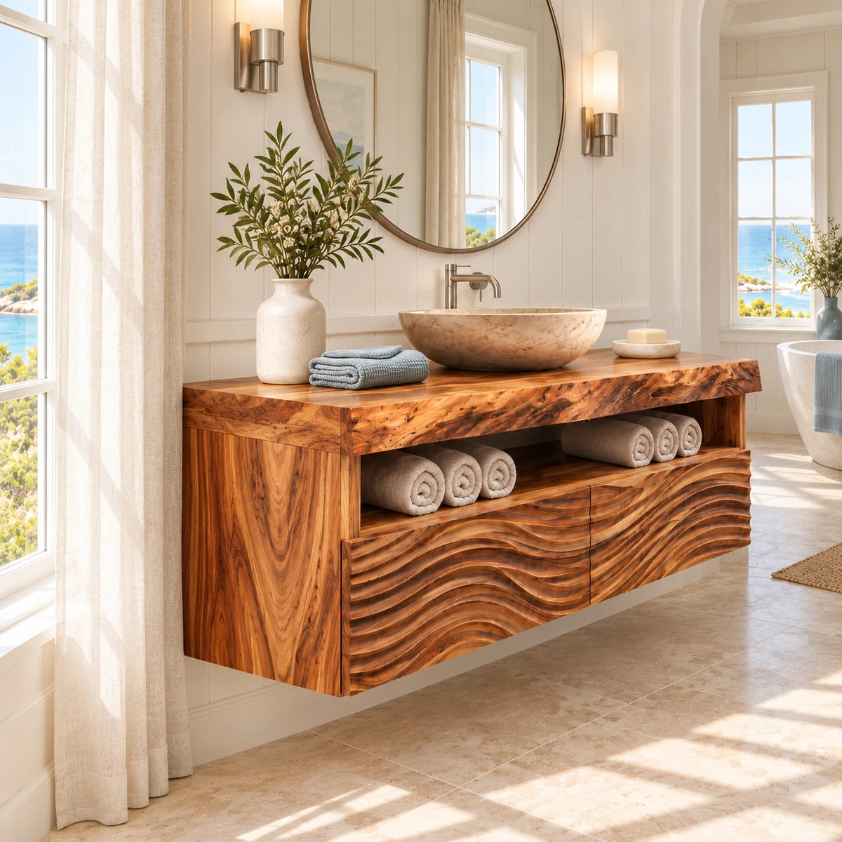 Floating Solid Wood Bathroom Vanity with Wave-Carved Twin Doors and Towel Shelf - Woodenecho - 6