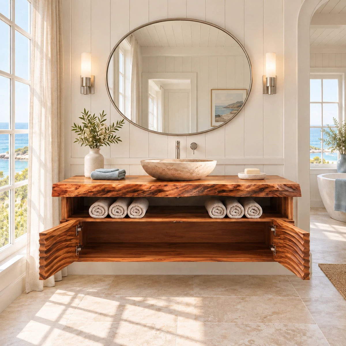 Floating Solid Wood Bathroom Vanity with Wave-Carved Twin Doors and Towel Shelf - Woodenecho - 7