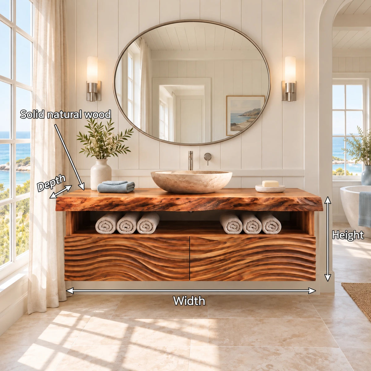 Floating Solid Wood Bathroom Vanity with Wave-Carved Twin Doors and Towel Shelf - Woodenecho - 8