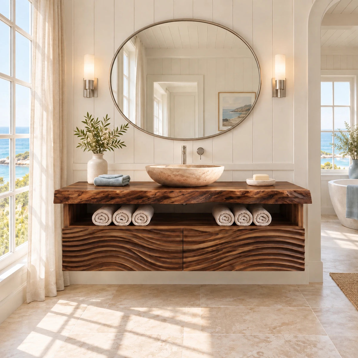 Floating Solid Wood Bathroom Vanity with Wave-Carved Twin Doors and Towel Shelf - Woodenecho - 9