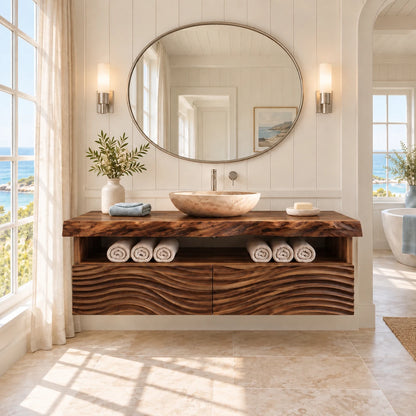Floating Solid Wood Bathroom Vanity with Wave-Carved Twin Doors and Towel Shelf - Woodenecho - 9
