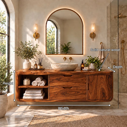 Floating Solid Wood Bathroom Vanity with Wavy Edge, Vessel Basin and Open Shelf - Woodenecho - 10
