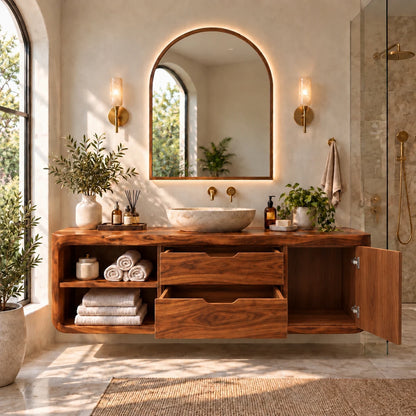 Floating Solid Wood Bathroom Vanity with Wavy Edge, Vessel Basin and Open Shelf - Woodenecho - 11