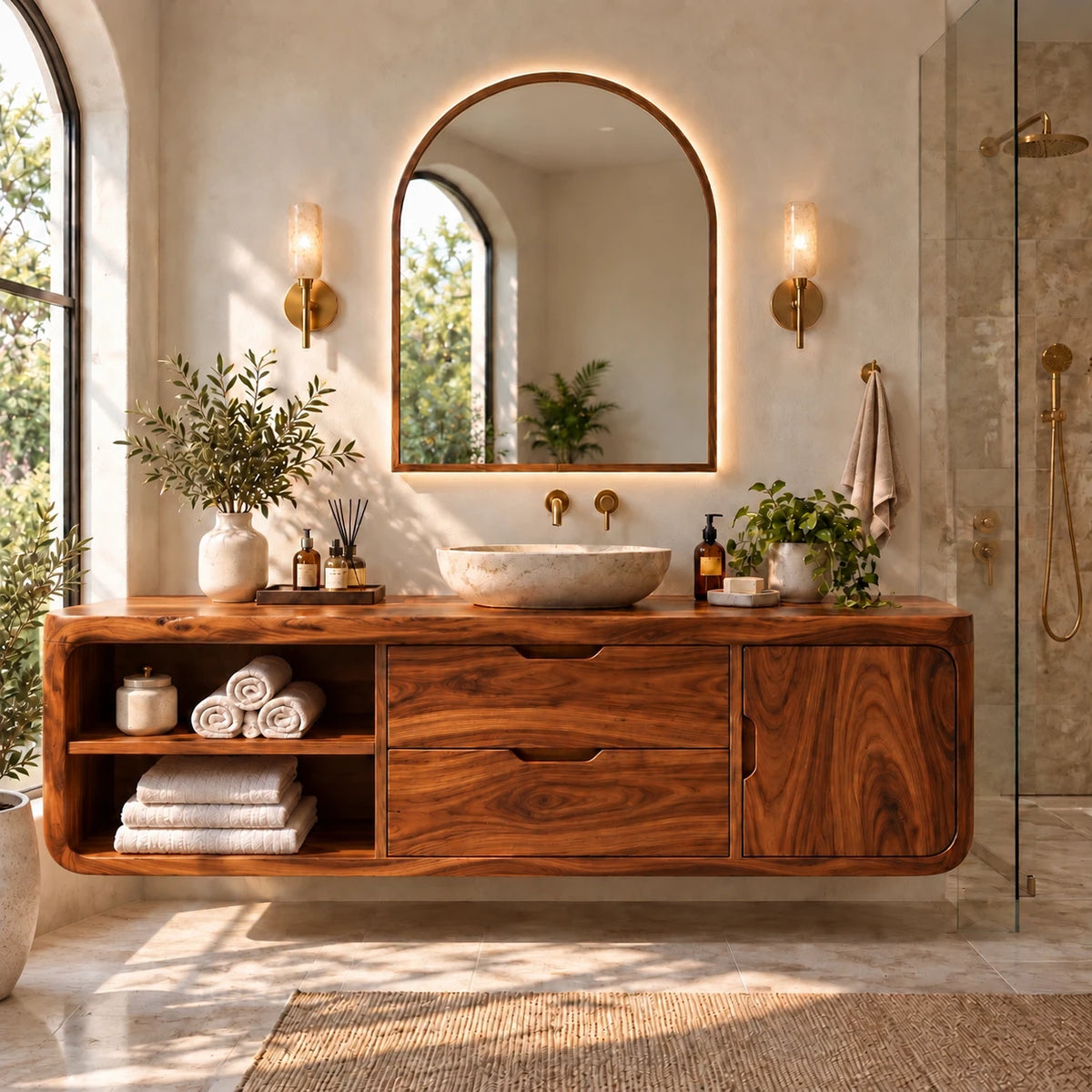 Floating Solid Wood Bathroom Vanity with Wavy Edge, Vessel Basin and Open Shelf - Woodenecho - 13