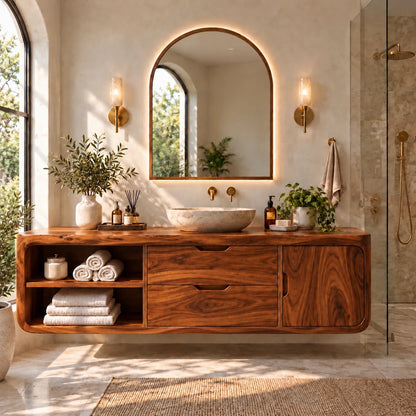 Floating Solid Wood Bathroom Vanity with Wavy Edge, Vessel Basin and Open Shelf - Woodenecho - 13
