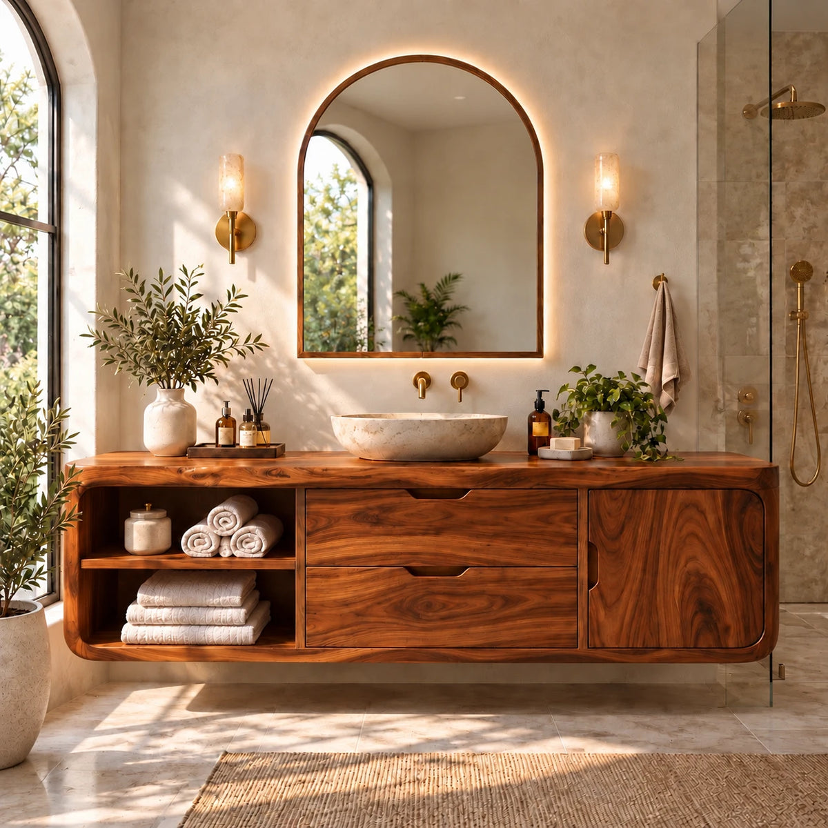 Floating Solid Wood Bathroom Vanity with Wavy Edge, Vessel Basin and Open Shelf - Woodenecho - 14