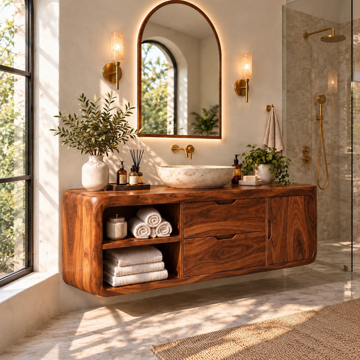 Floating Solid Wood Bathroom Vanity with Wavy Edge, Vessel Basin and Open Shelf - Woodenecho - 2