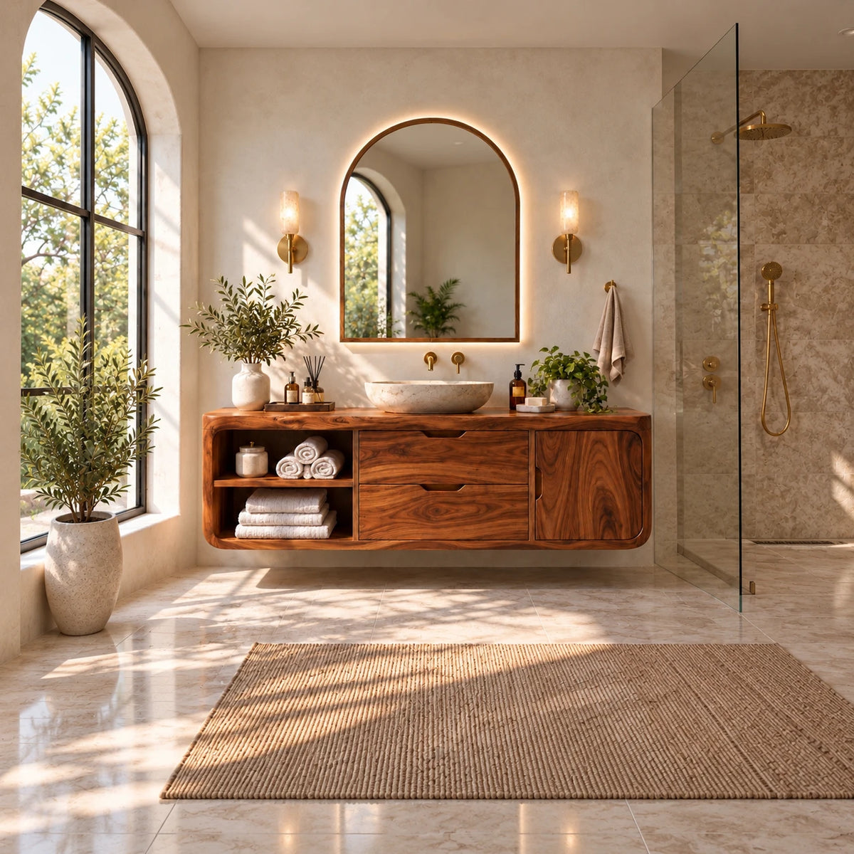 Floating Solid Wood Bathroom Vanity with Wavy Edge, Vessel Basin and Open Shelf - Woodenecho - 3