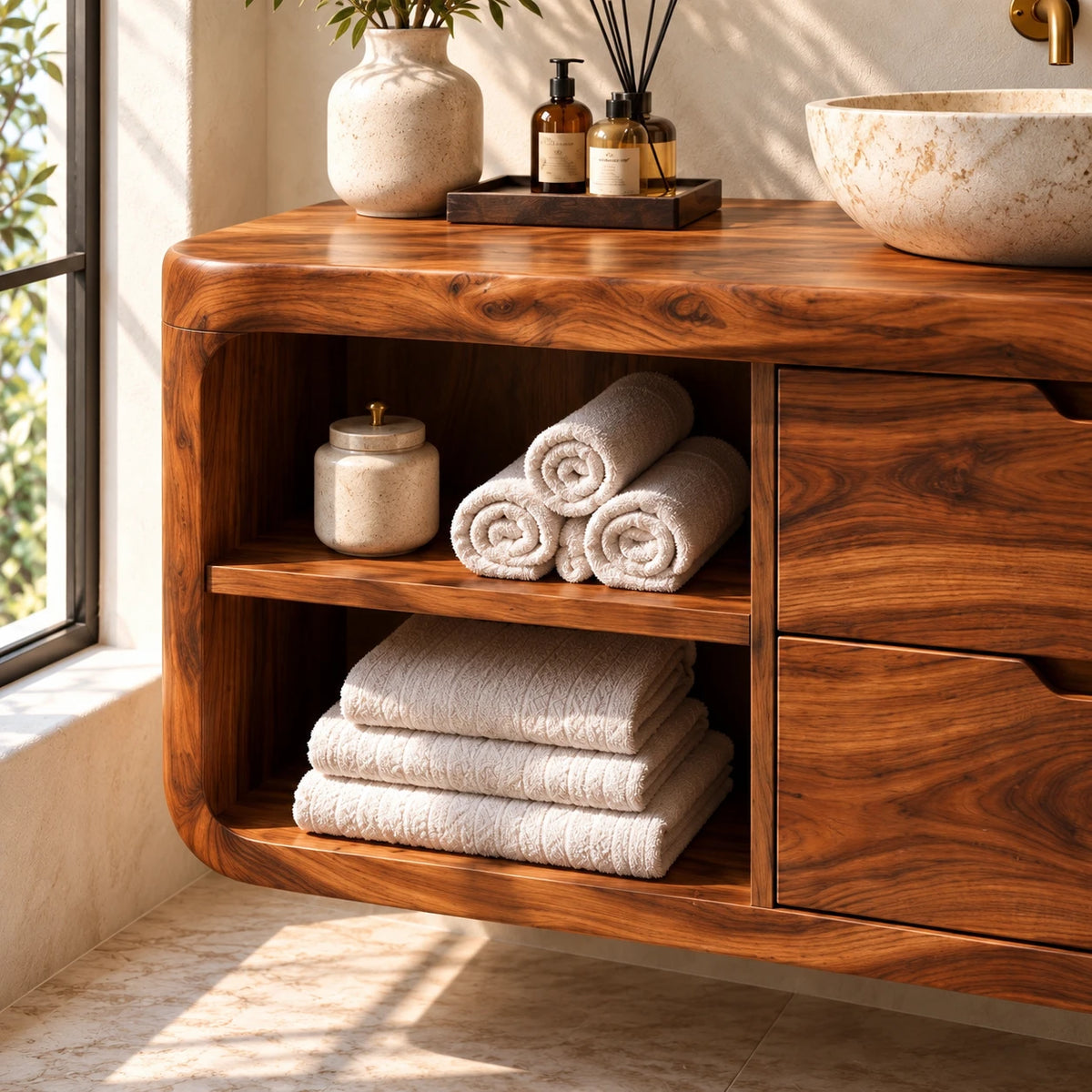 Floating Solid Wood Bathroom Vanity with Wavy Edge, Vessel Basin and Open Shelf - Woodenecho - 4