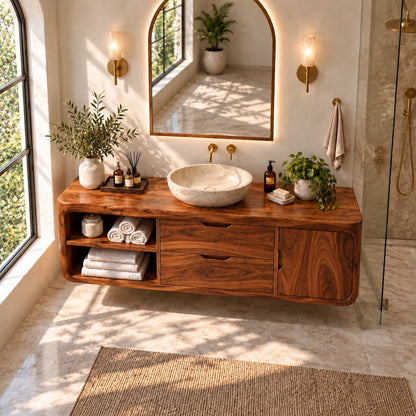 Floating Solid Wood Bathroom Vanity with Wavy Edge, Vessel Basin and Open Shelf - Woodenecho - 5
