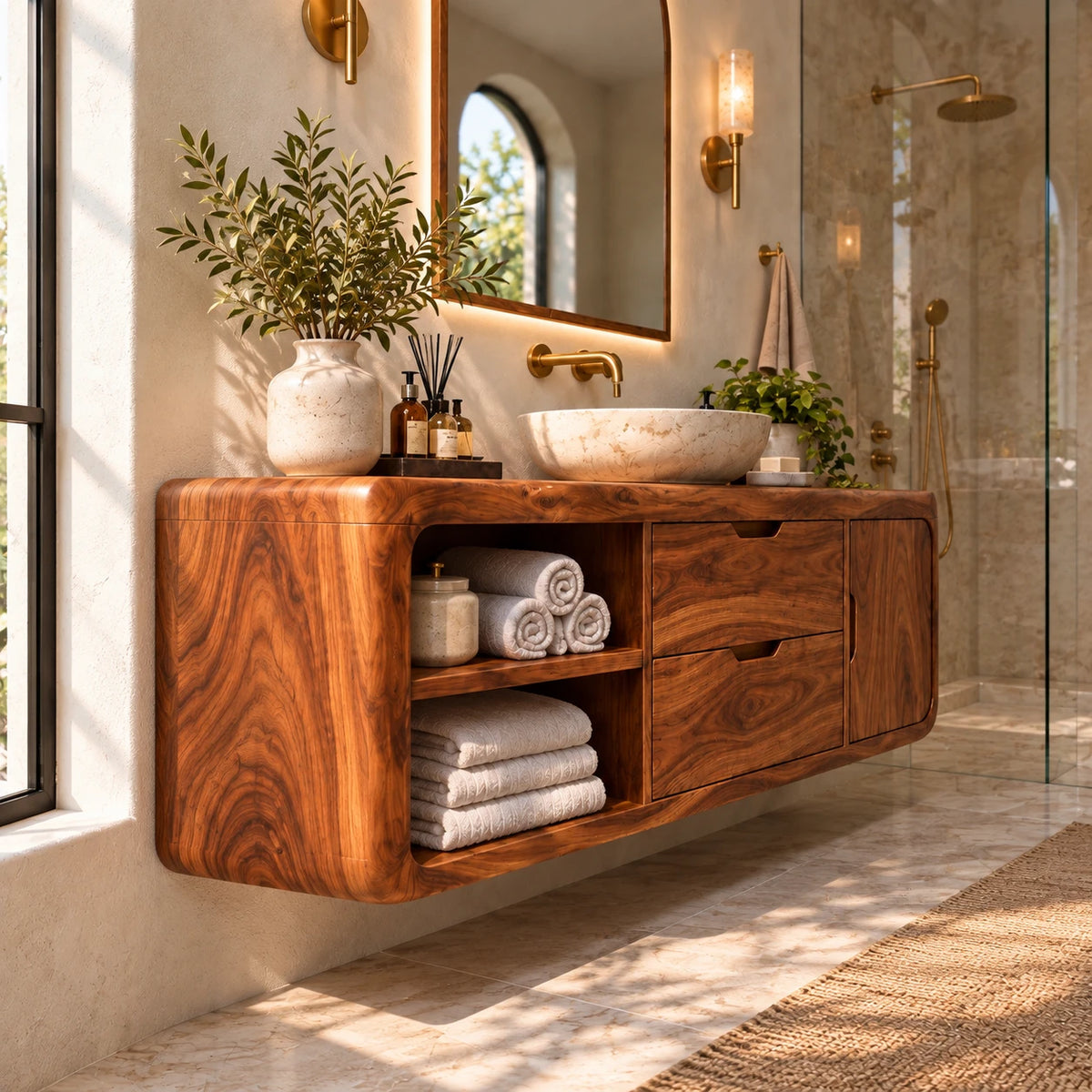 Floating Solid Wood Bathroom Vanity with Wavy Edge, Vessel Basin and Open Shelf - Woodenecho - 6