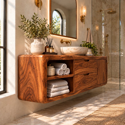 Floating Solid Wood Bathroom Vanity with Wavy Edge, Vessel Basin and Open Shelf - Woodenecho - 6