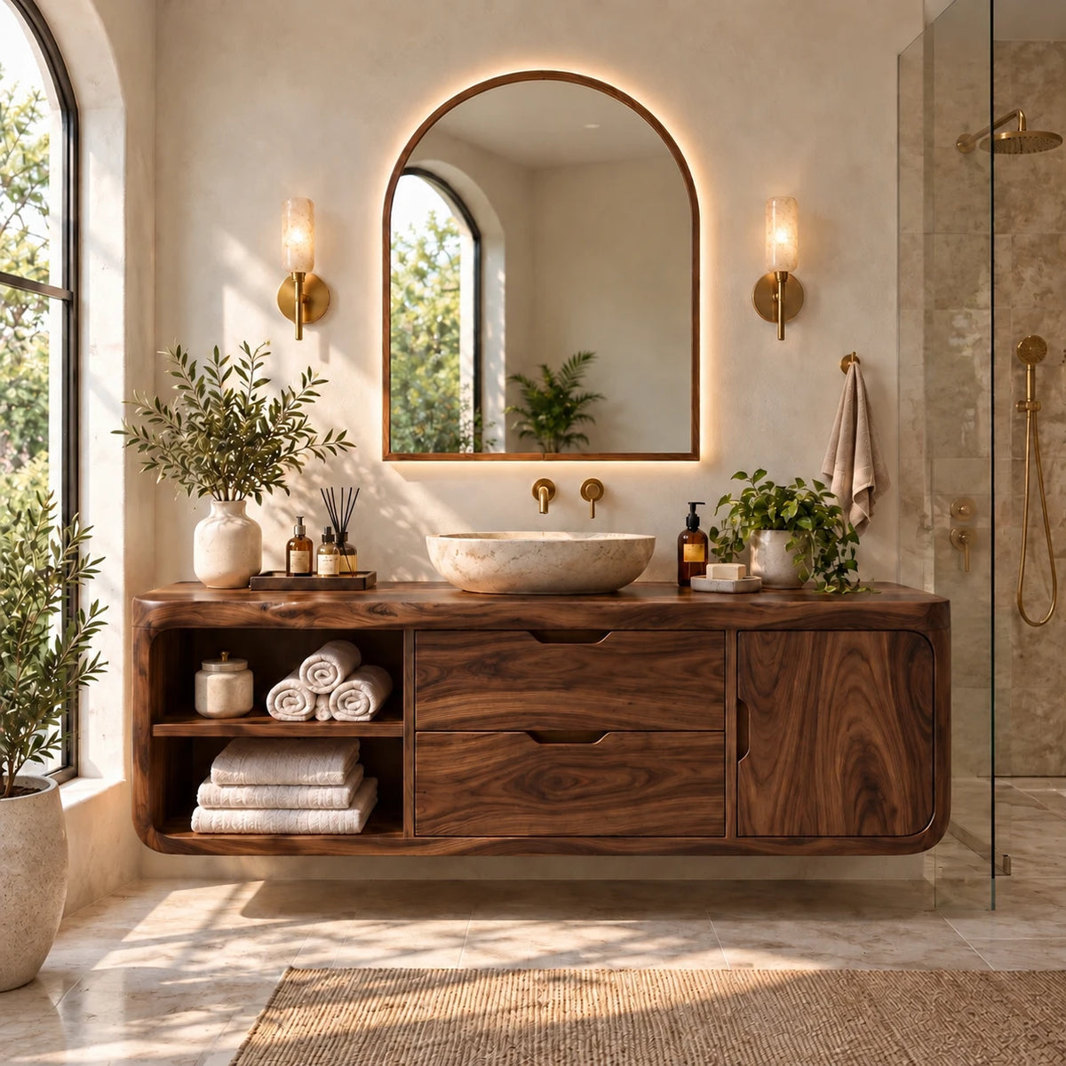 Floating Solid Wood Bathroom Vanity with Wavy Edge, Vessel Basin and Open Shelf - Woodenecho - 7