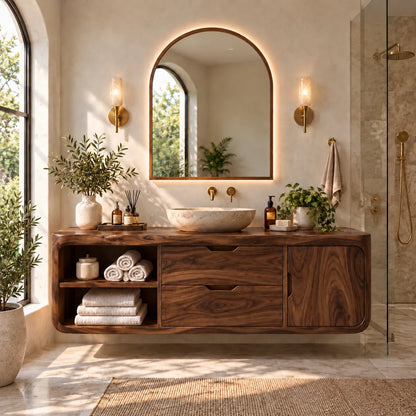 Floating Solid Wood Bathroom Vanity with Wavy Edge, Vessel Basin and Open Shelf - Woodenecho - 7