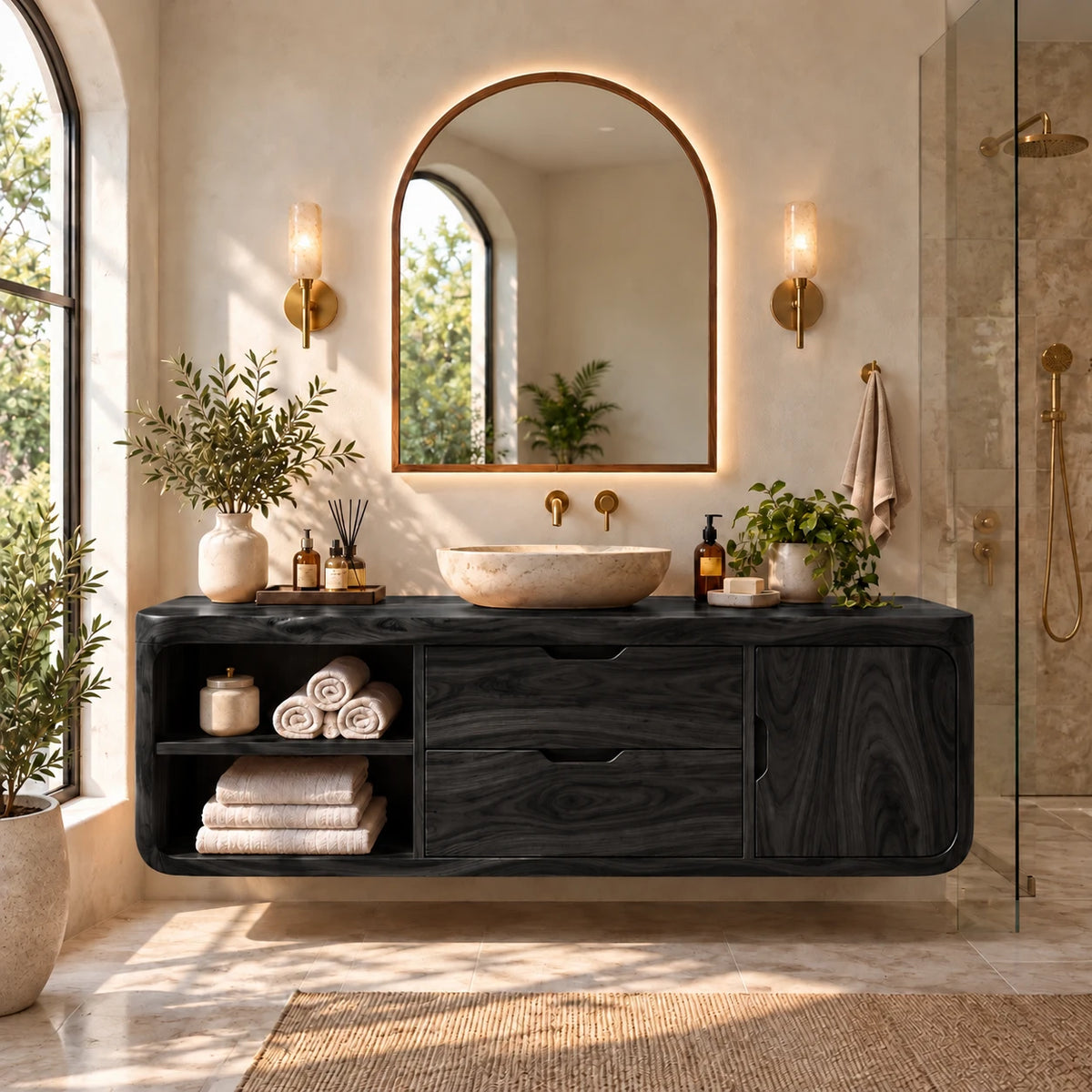 Floating Solid Wood Bathroom Vanity with Wavy Edge, Vessel Basin and Open Shelf - Woodenecho - 9