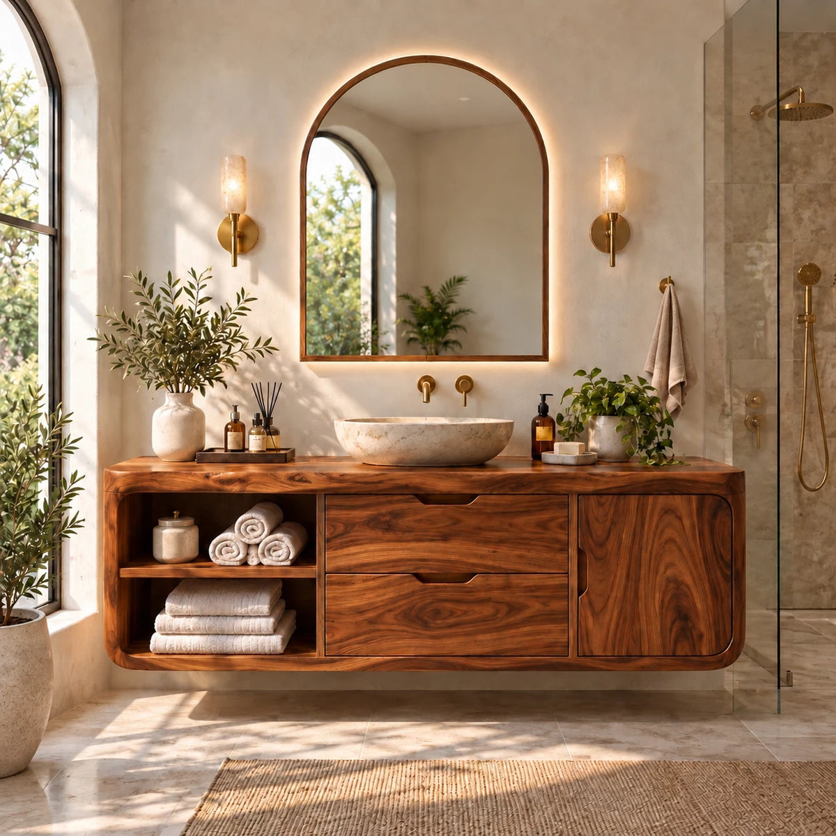 Floating Solid Wood Bathroom Vanity with Wavy Edge, Vessel Basin and Open Shelf - Woodenecho