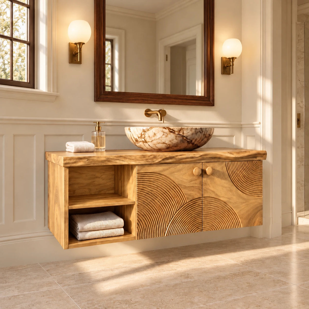 Floating Solid Wood Vanity with Sunburst-Carved Doors and Live-Edge Slab Top - Woodenecho - 10