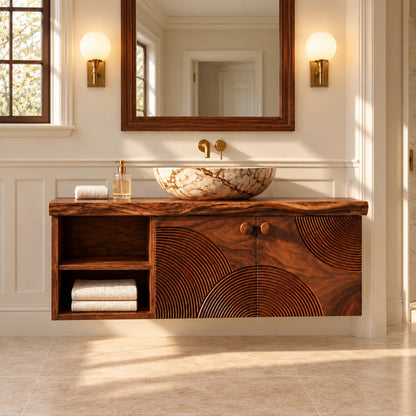 Floating Solid Wood Vanity with Sunburst-Carved Doors and Live-Edge Slab Top - Woodenecho - 2
