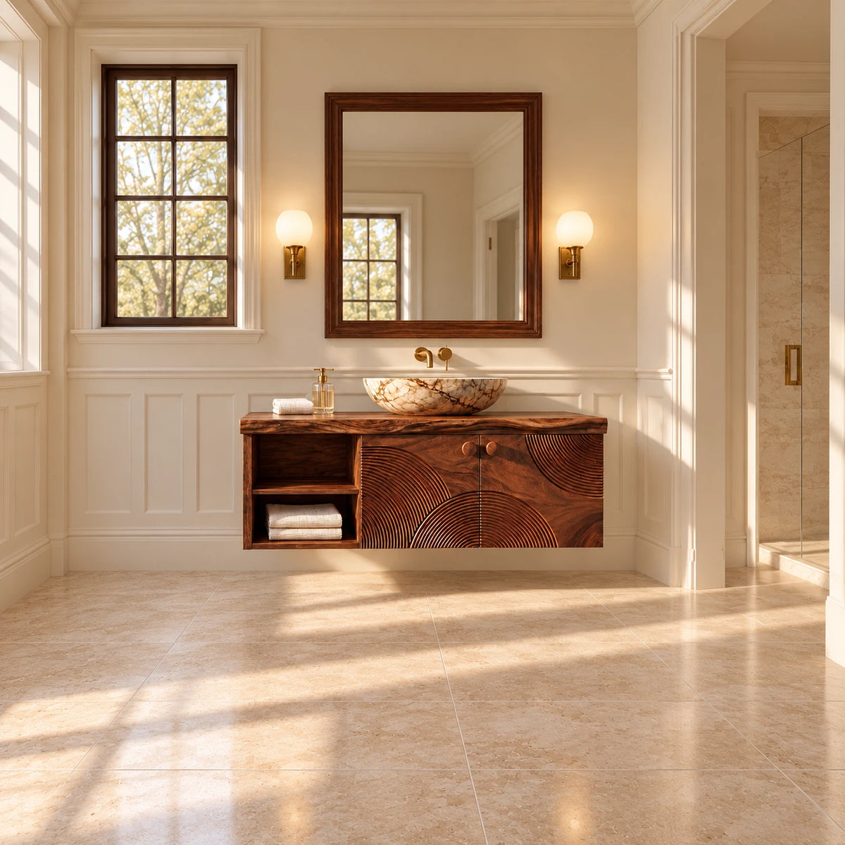 Floating Solid Wood Vanity with Sunburst-Carved Doors and Live-Edge Slab Top - Woodenecho - 3