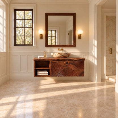 Floating Solid Wood Vanity with Sunburst-Carved Doors and Live-Edge Slab Top - Woodenecho - 3