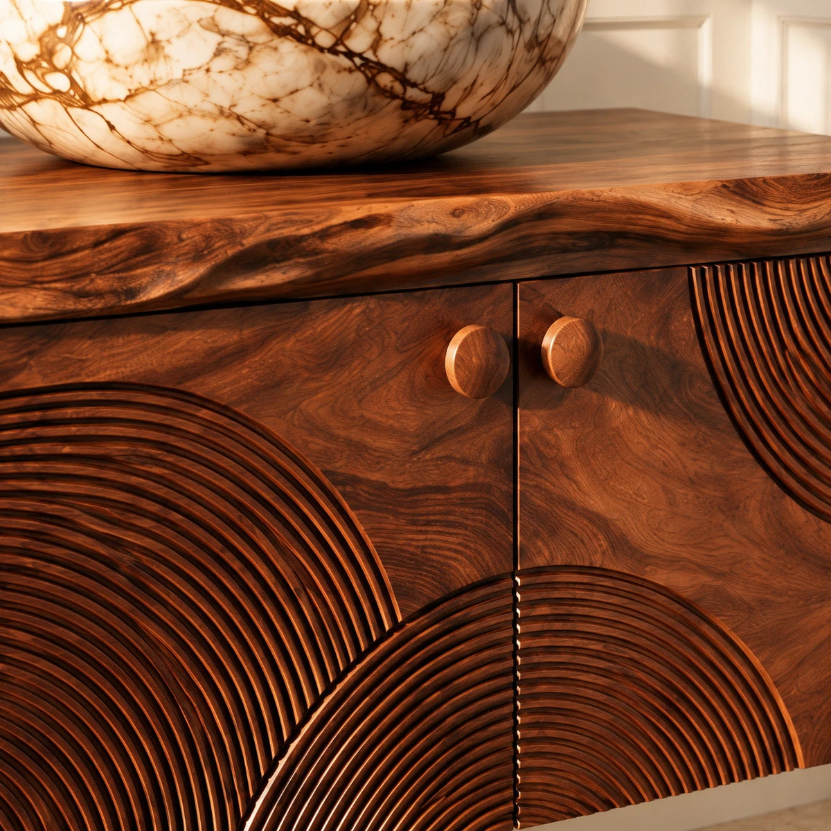 Floating Solid Wood Vanity with Sunburst-Carved Doors and Live-Edge Slab Top - Woodenecho - 4