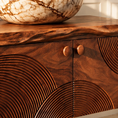 Floating Solid Wood Vanity with Sunburst-Carved Doors and Live-Edge Slab Top - Woodenecho - 4