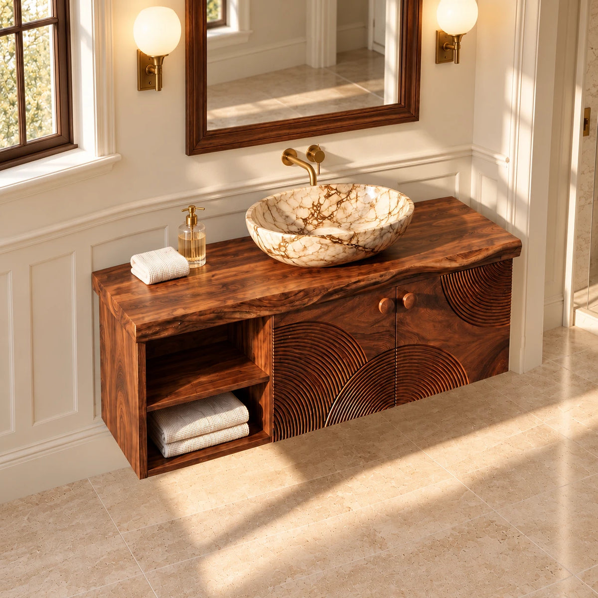 Floating Solid Wood Vanity with Sunburst-Carved Doors and Live-Edge Slab Top - Woodenecho - 5