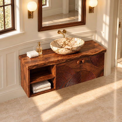 Floating Solid Wood Vanity with Sunburst-Carved Doors and Live-Edge Slab Top - Woodenecho - 5