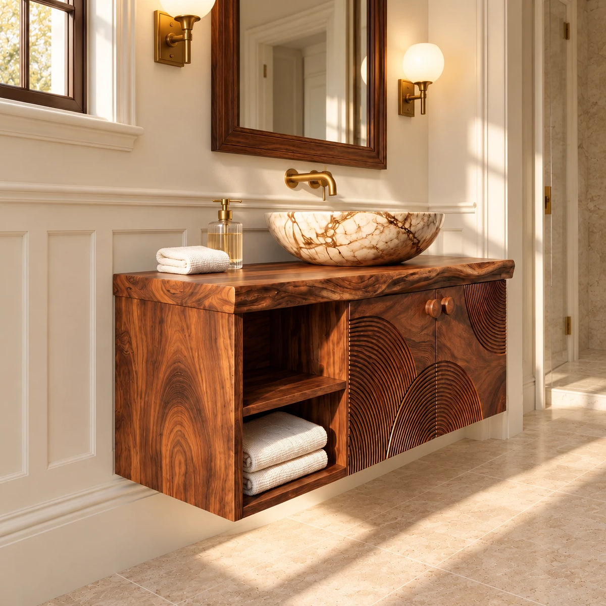 Floating Solid Wood Vanity with Sunburst-Carved Doors and Live-Edge Slab Top - Woodenecho - 6