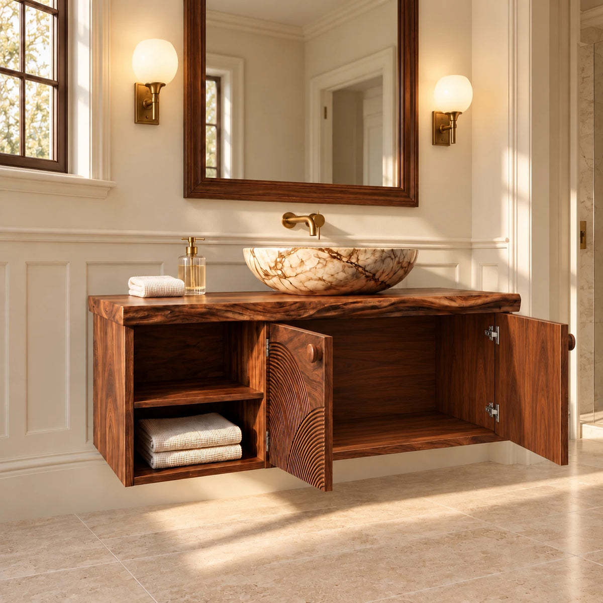 Floating Solid Wood Vanity with Sunburst-Carved Doors and Live-Edge Slab Top - Woodenecho - 7
