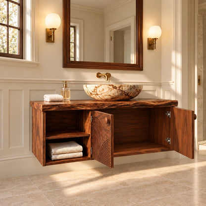 Floating Solid Wood Vanity with Sunburst-Carved Doors and Live-Edge Slab Top - Woodenecho - 7