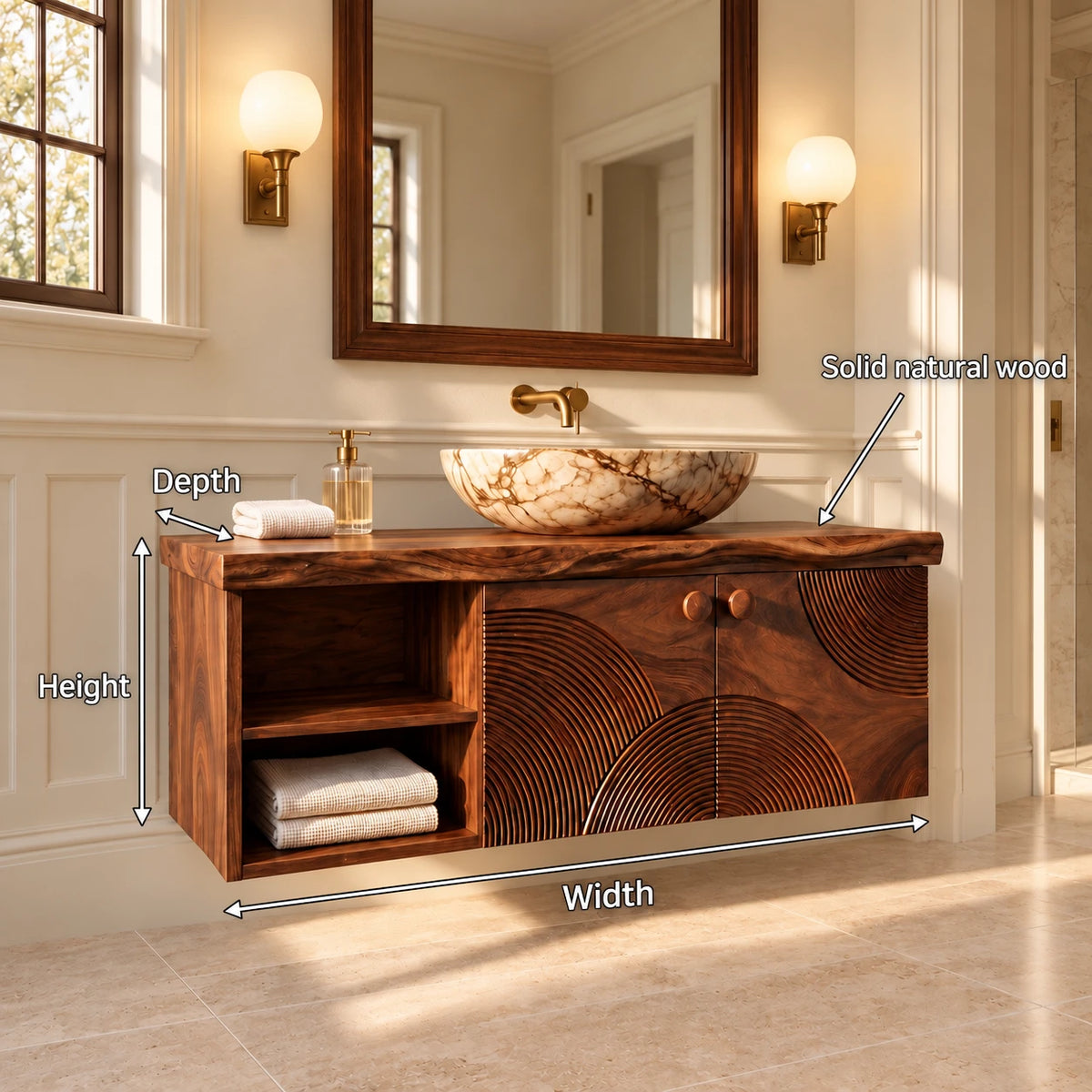 Floating Solid Wood Vanity with Sunburst-Carved Doors and Live-Edge Slab Top - Woodenecho - 8