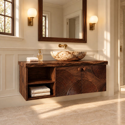 Floating Solid Wood Vanity with Sunburst-Carved Doors and Live-Edge Slab Top - Woodenecho - 9