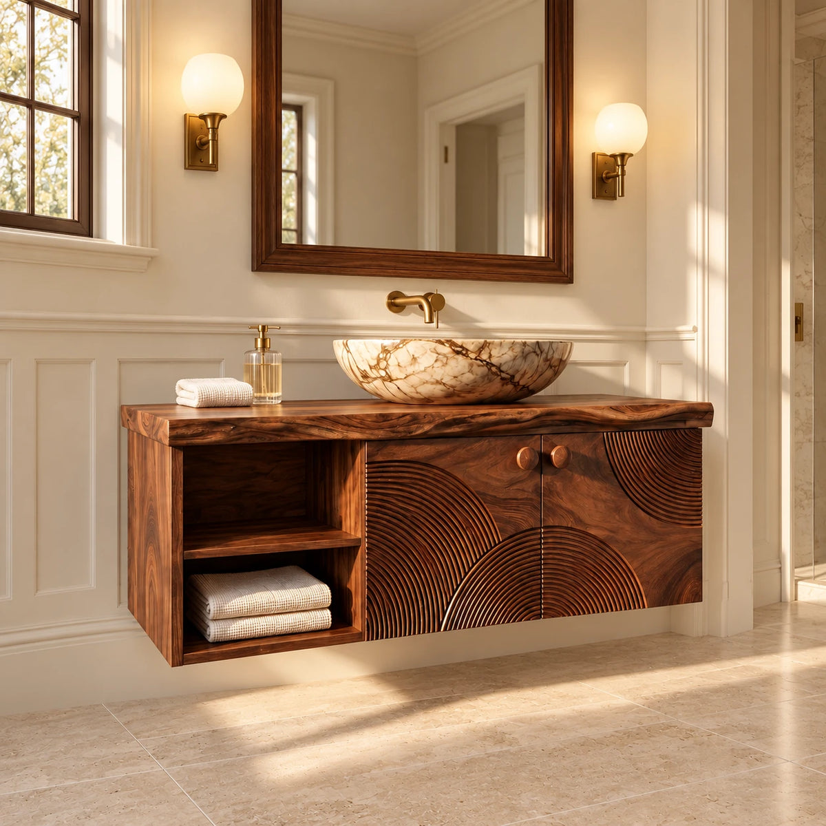 Floating Solid Wood Vanity with Sunburst-Carved Doors and Live-Edge Slab Top - Woodenecho
