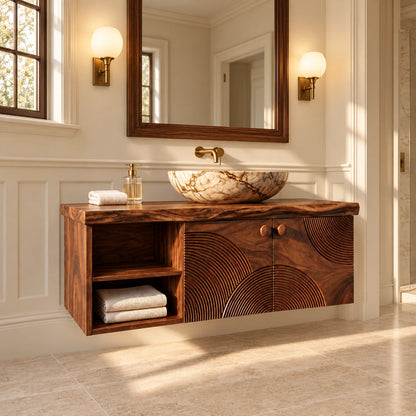 Floating Solid Wood Vanity with Sunburst-Carved Doors and Live-Edge Slab Top - Woodenecho