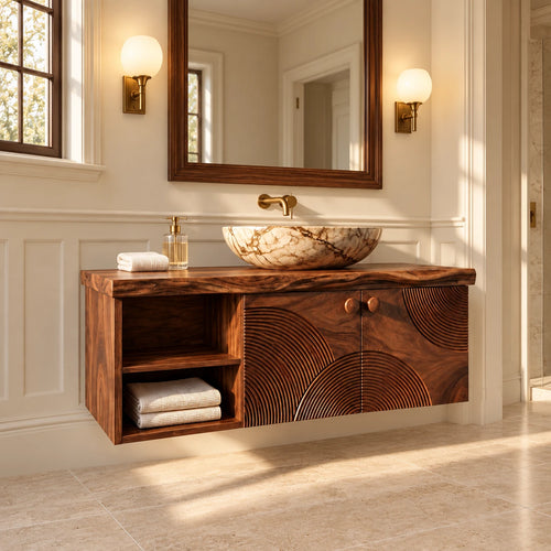 Floating Solid Wood Vanity with Sunburst-Carved Doors and Live-Edge Slab Top - Woodenecho