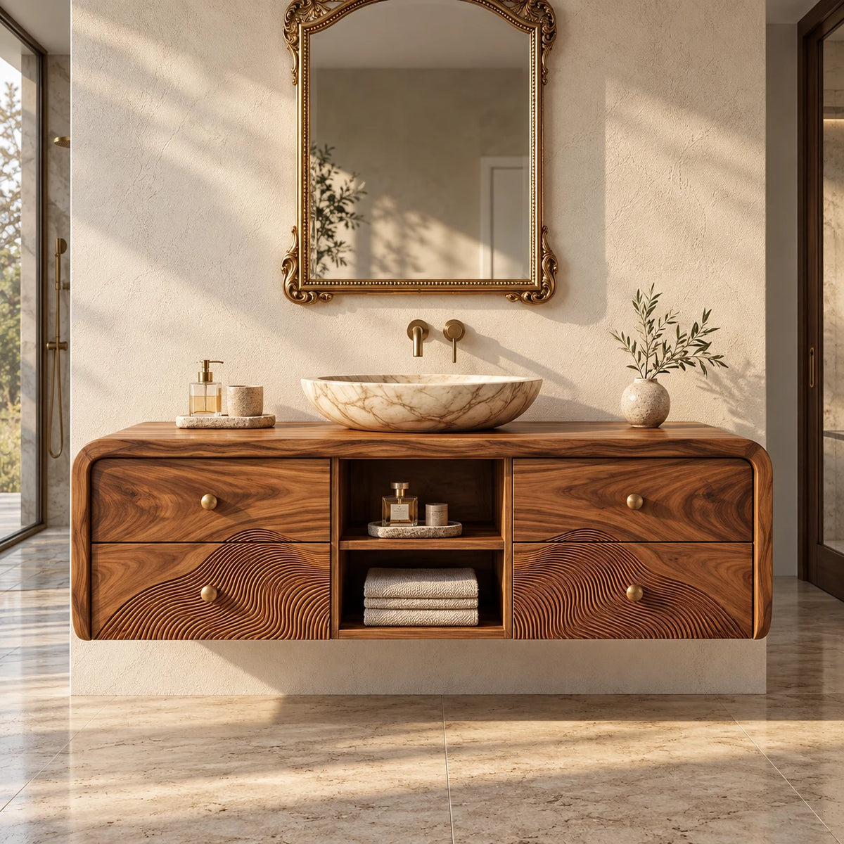 Floating Vanity with Four Drawers, Wave-Carved Lower Pair and Open Towel Shelf - Woodenecho - 10
