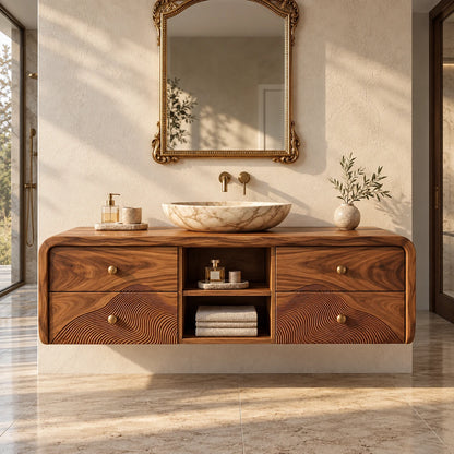 Floating Vanity with Four Drawers, Wave-Carved Lower Pair and Open Towel Shelf - Woodenecho - 10