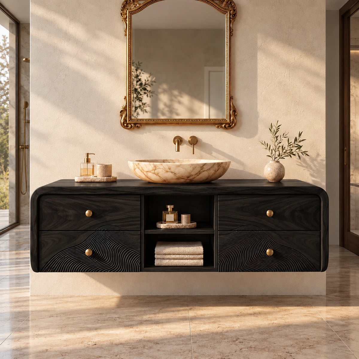 Floating Vanity with Four Drawers, Wave-Carved Lower Pair and Open Towel Shelf - Woodenecho - 11