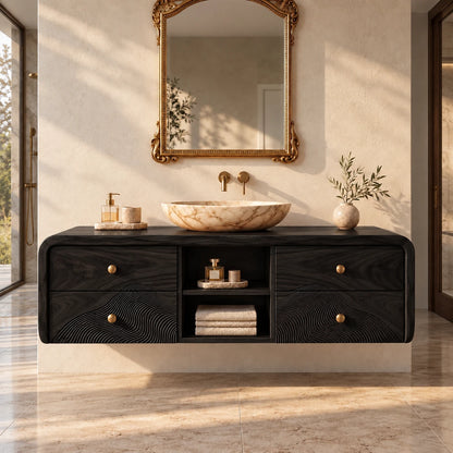 Floating Vanity with Four Drawers, Wave-Carved Lower Pair and Open Towel Shelf - Woodenecho - 11