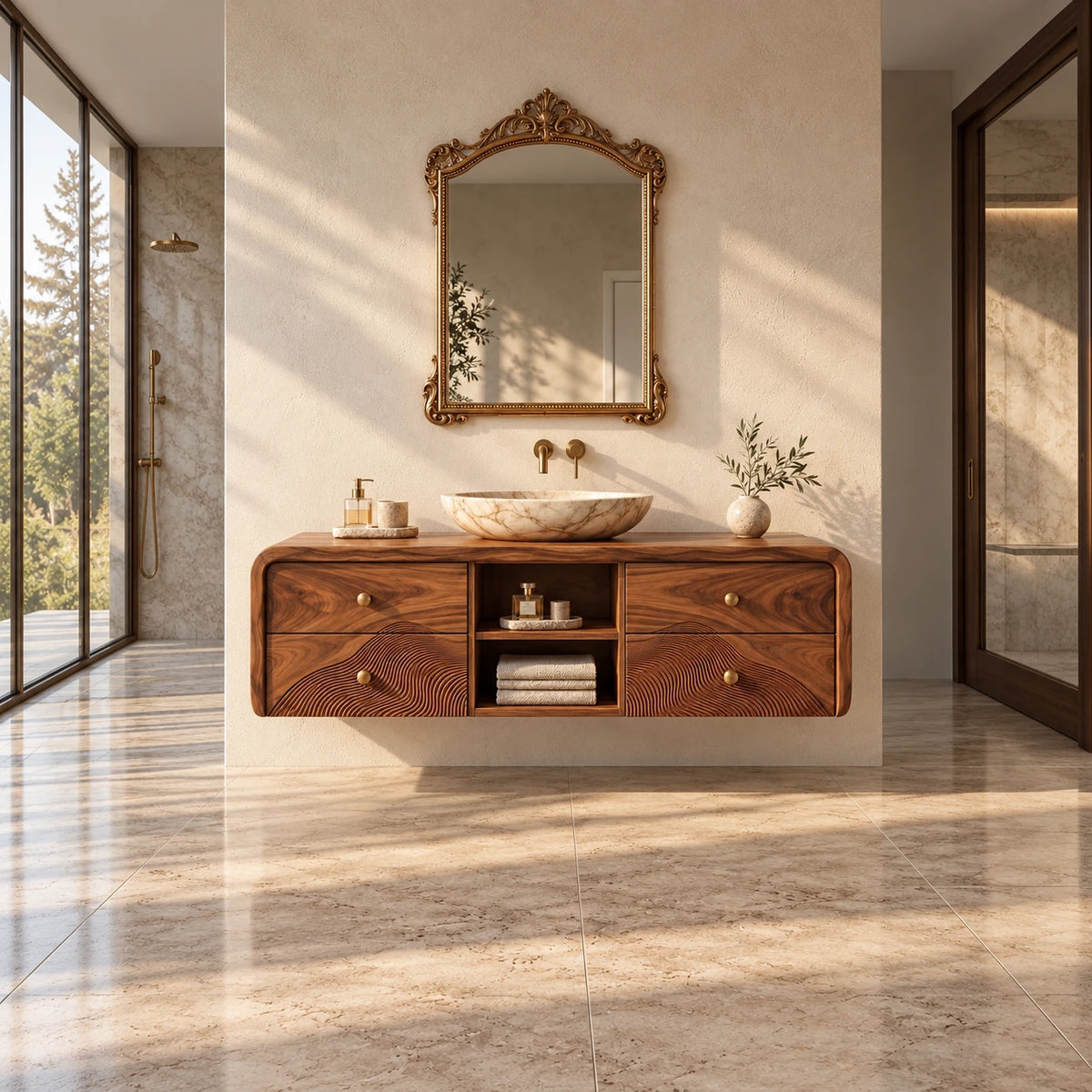 Floating Vanity with Four Drawers, Wave-Carved Lower Pair and Open Towel Shelf - Woodenecho - 2