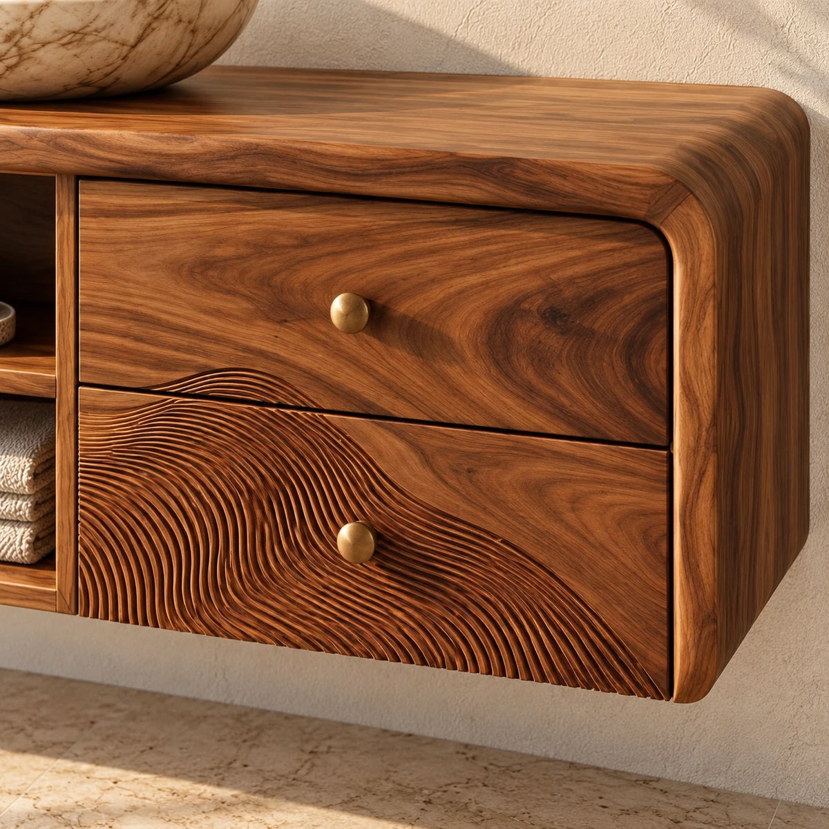 Floating Vanity with Four Drawers, Wave-Carved Lower Pair and Open Towel Shelf - Woodenecho - 3