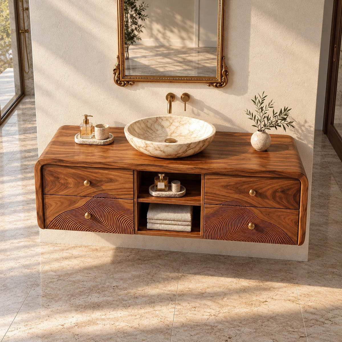 Floating Vanity with Four Drawers, Wave-Carved Lower Pair and Open Towel Shelf - Woodenecho - 4