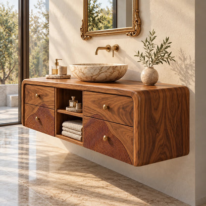 Floating Vanity with Four Drawers, Wave-Carved Lower Pair and Open Towel Shelf - Woodenecho - 5