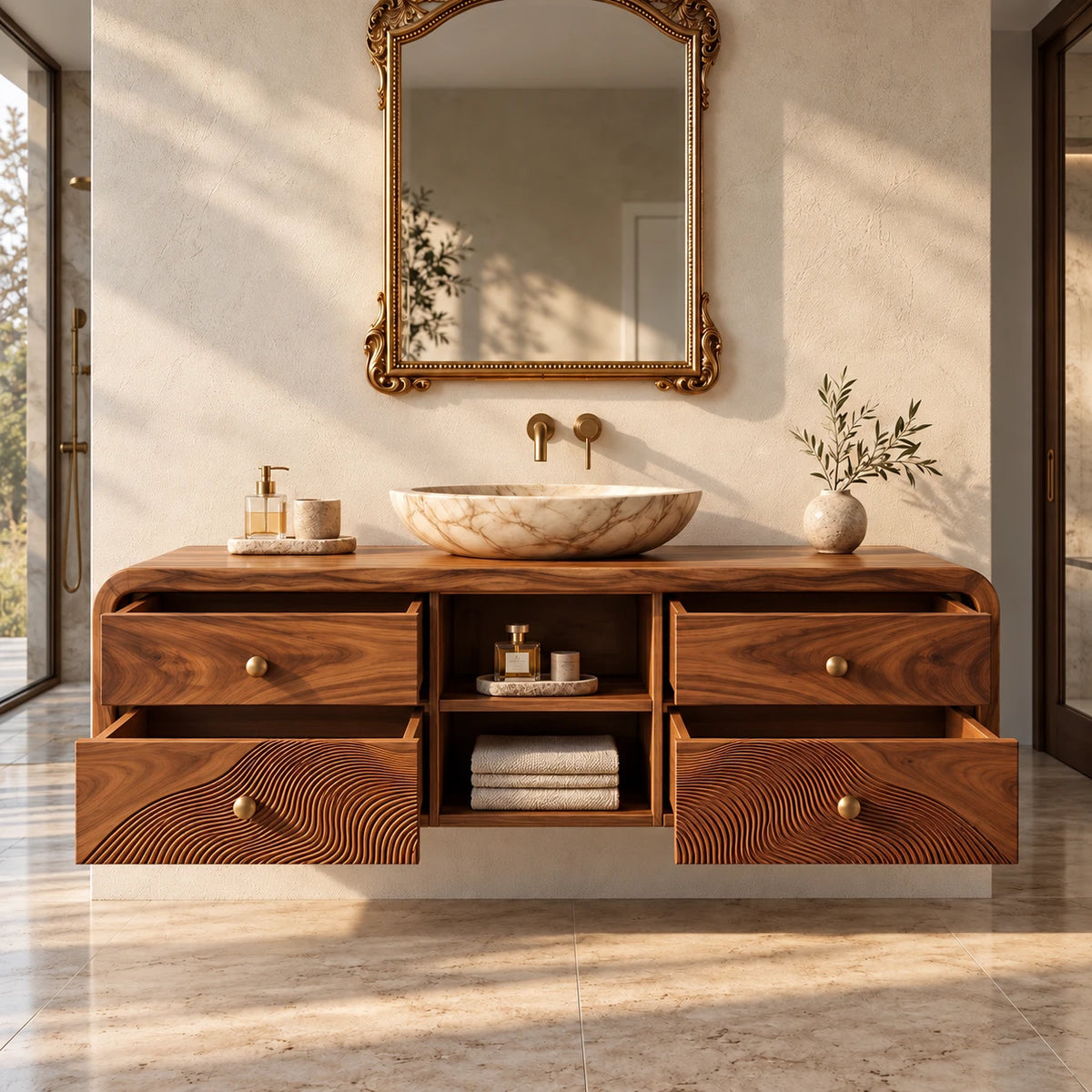 Floating Vanity with Four Drawers, Wave-Carved Lower Pair and Open Towel Shelf - Woodenecho - 6