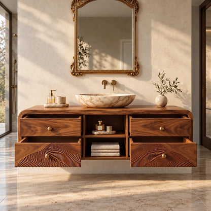 Floating Vanity with Four Drawers, Wave-Carved Lower Pair and Open Towel Shelf - Woodenecho - 6